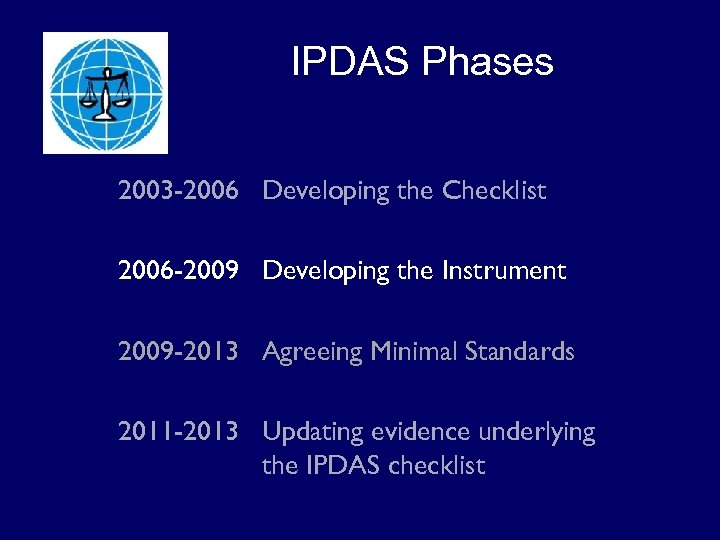 IPDAS Phases 2003 -2006 Developing the Checklist 2006 -2009 Developing the Instrument 2009 -2013