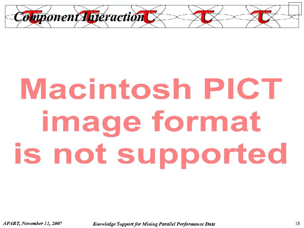 Component Interaction APART, November 11, 2007 Knowledge Support for Mining Parallel Performance Data 18