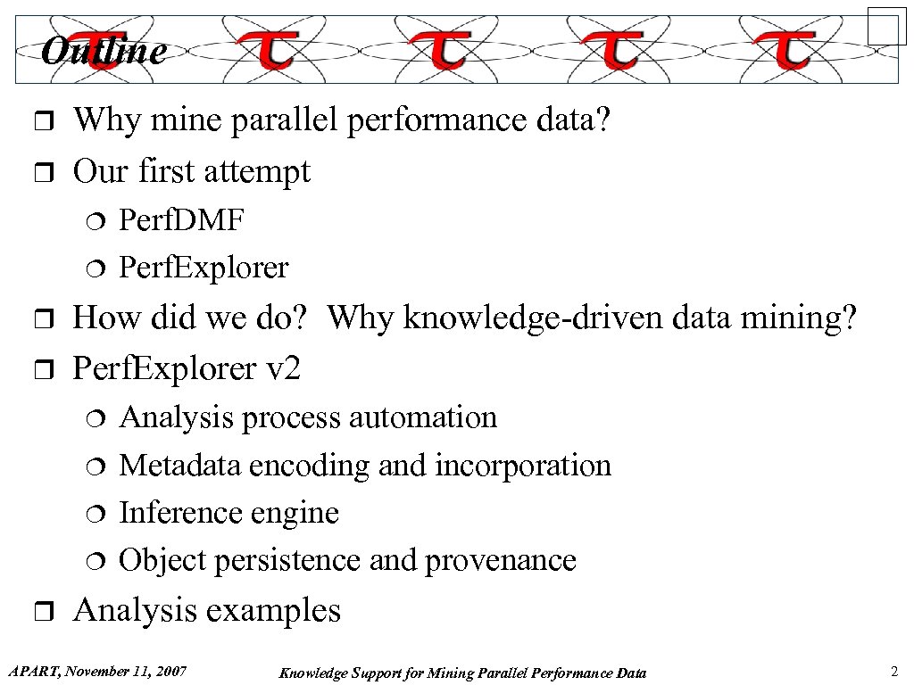 Outline r r Why mine parallel performance data? Our first attempt ¦ ¦ r