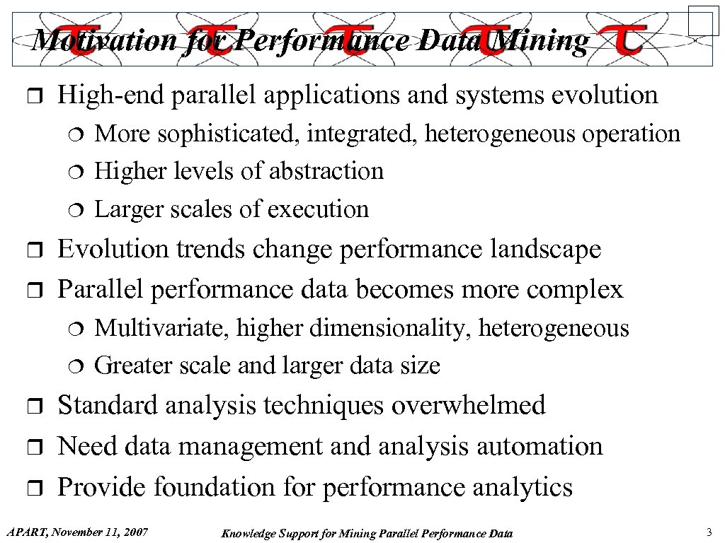Motivation for Performance Data Mining r High-end parallel applications and systems evolution ¦ ¦
