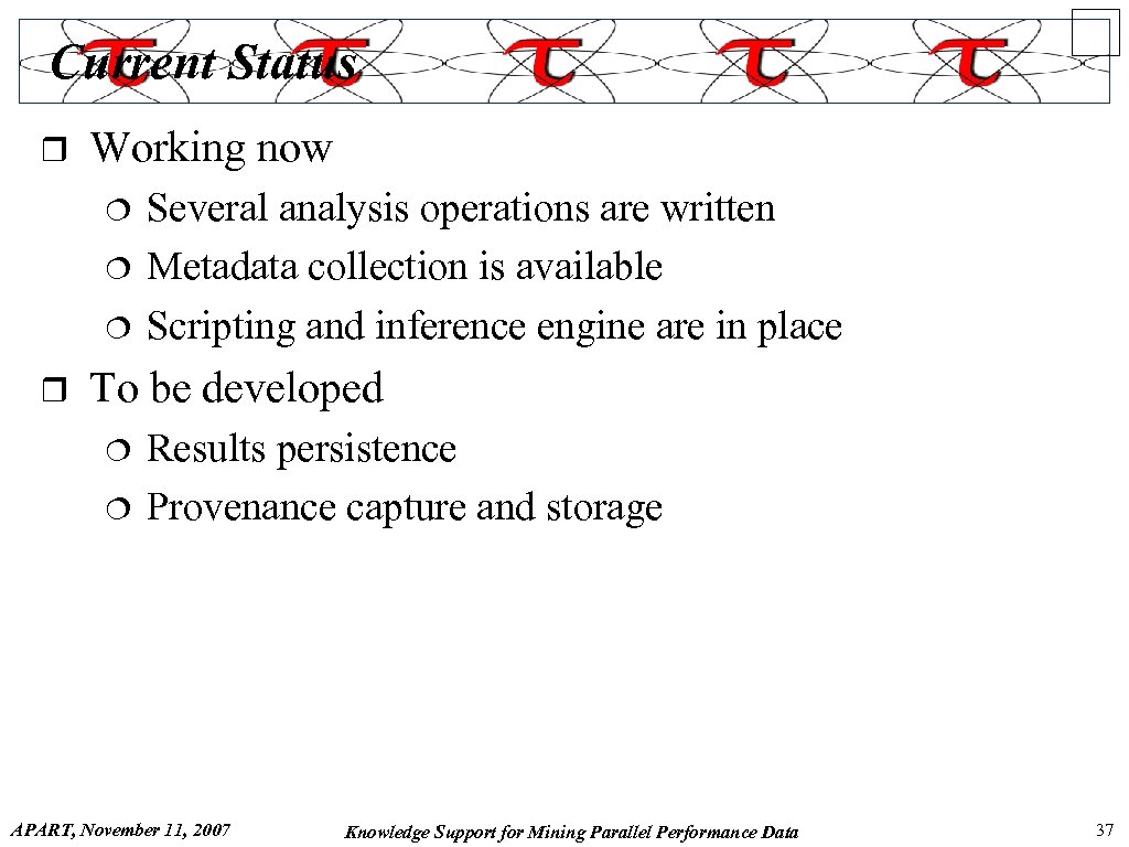 Current Status r Working now ¦ ¦ ¦ r Several analysis operations are written