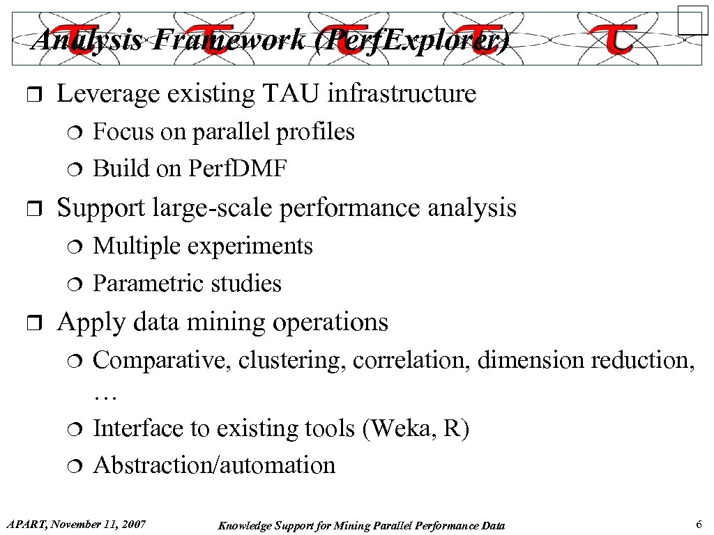 Analysis Framework (Perf. Explorer) r Leverage existing TAU infrastructure ¦ ¦ r Support large-scale