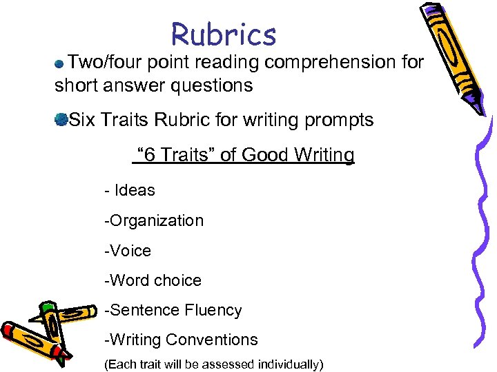 Rubrics Two/four point reading comprehension for short answer questions Six Traits Rubric for writing