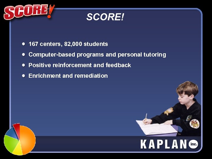 SCORE! 167 centers, 82, 000 students Computer-based programs and personal tutoring Positive reinforcement and