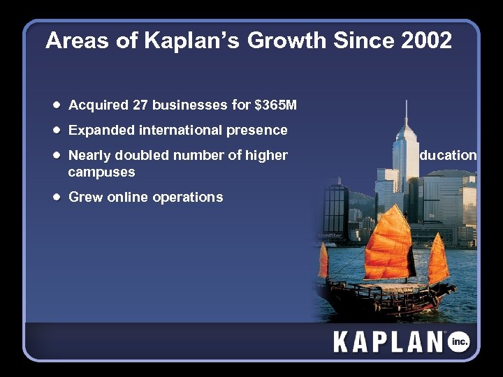 Areas of Kaplan’s Growth Since 2002 Acquired 27 businesses for $365 M Expanded international