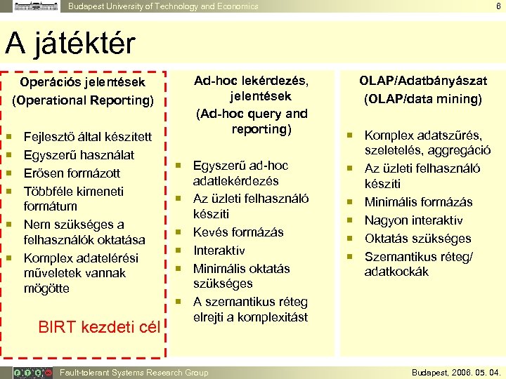 Budapest University of Technology and Economics 6 A játéktér Operációs jelentések (Operational Reporting) Fejlesztő