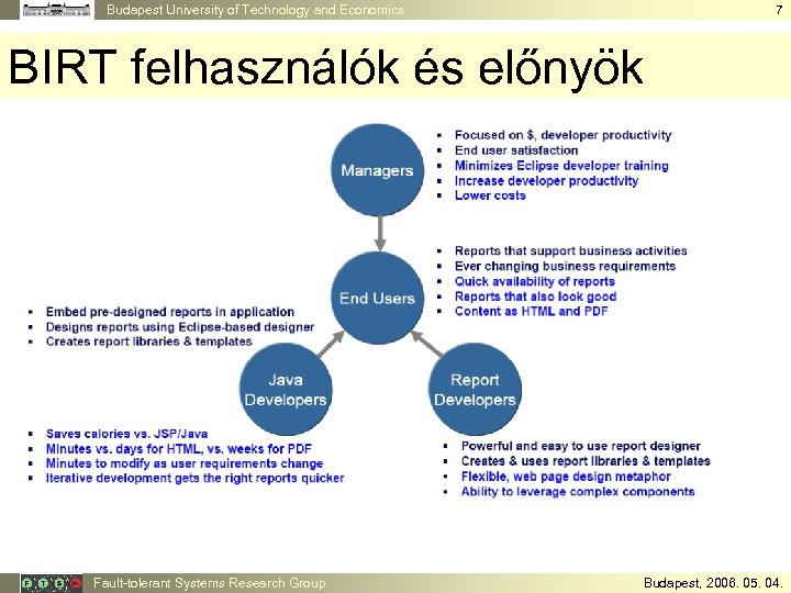 Budapest University of Technology and Economics 7 BIRT felhasználók és előnyök Fault-tolerant Systems Research