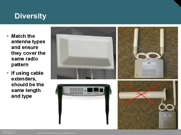 Diversity • Match the antenna types and ensure they cover the same radio pattern