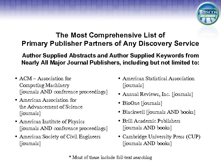 The Most Comprehensive List of Primary Publisher Partners of Any Discovery Service Author Supplied