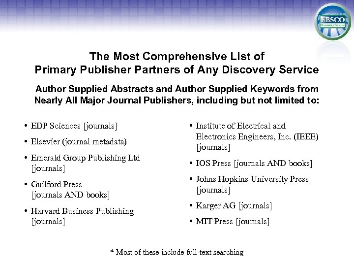 The Most Comprehensive List of Primary Publisher Partners of Any Discovery Service Author Supplied