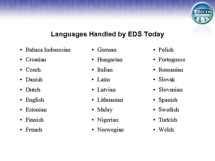 Languages Handled by EDS Today • Bahasa Indonesian • German • Polish • Croatian