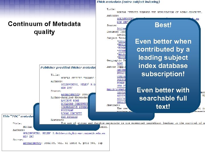 Continuum of Metadata quality Best! Even better when contributed by a leading subject index