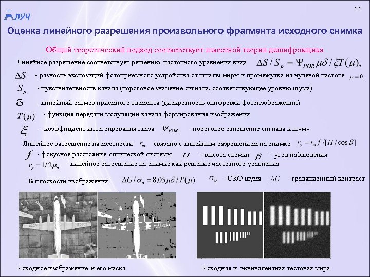 11 Оценка линейного разрешения произвольного фрагмента исходного снимка Общий теоретический подход соответствует известной теории