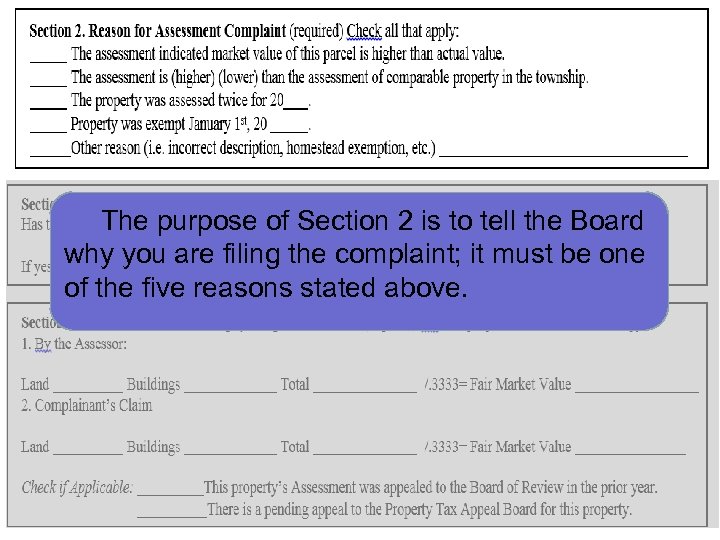 The purpose of Section 2 is to tell the Board why you are filing