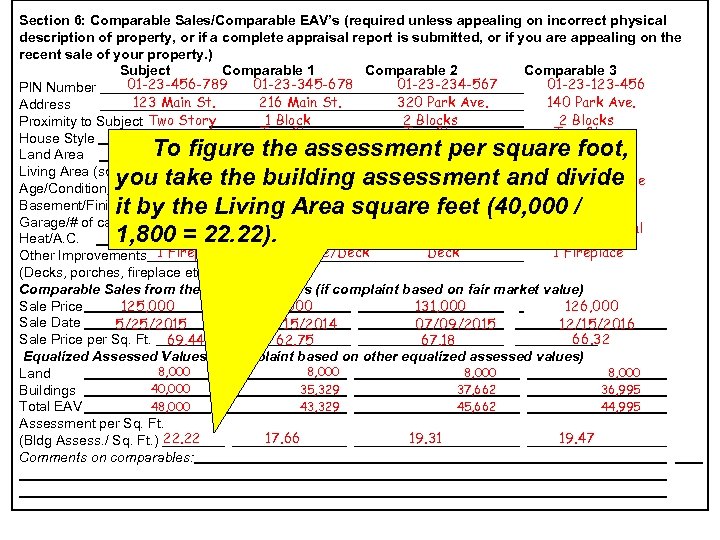 Section 6: Comparable Sales/Comparable EAV’s (required unless appealing on incorrect physical description of property,