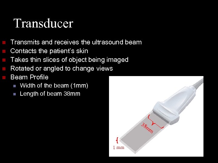 Transducer n n n Transmits and receives the ultrasound beam Contacts the patient’s skin