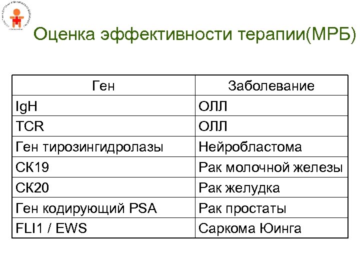 Оценка эффективности терапии(МРБ) Ген Ig. H TCR Ген тирозингидролазы СК 19 СК 20 Ген