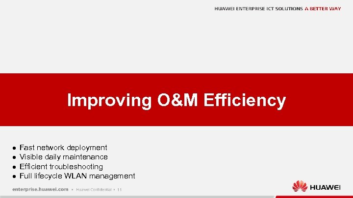Improving O&M Efficiency l l Fast network deployment Visible daily maintenance Efficient troubleshooting Full