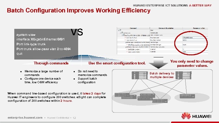 Batch Configuration Improves Working Efficiency VS system-view interface XGigabit. Ethernet 0/0/1 Port link-type trunk