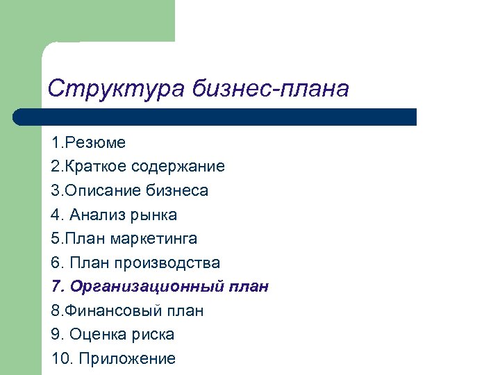 Структура бизнес-плана 1. Резюме 2. Краткое содержание 3. Описание бизнеса 4. Анализ рынка 5.