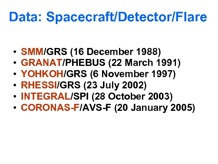 Data: Spacecraft/Detector/Flare • • • SMM/GRS (16 December 1988) GRANAT/PHEBUS (22 March 1991) YOHKOH/GRS