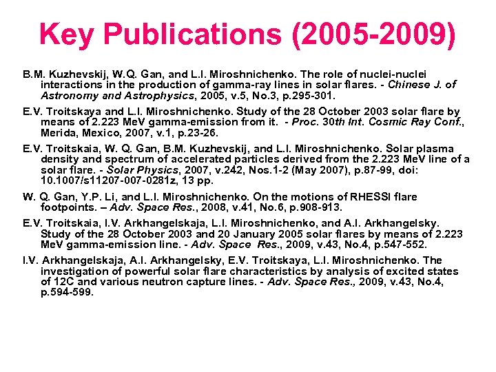 Key Publications (2005 -2009) B. M. Kuzhevskij, W. Q. Gan, and L. I. Miroshnichenko.