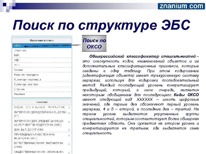 Поиск по структуре ЭБС Поиск по ОКСО Общероссийский классификатор специальностей – это совокупность кодов,