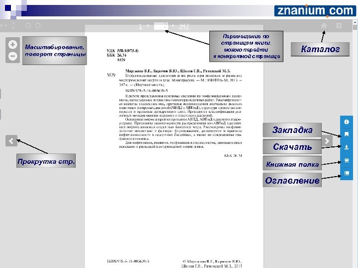 Масштабирование, поворот страницы Перемещение по страницам книги. можно перейти к конкретной странице Каталог Закладка
