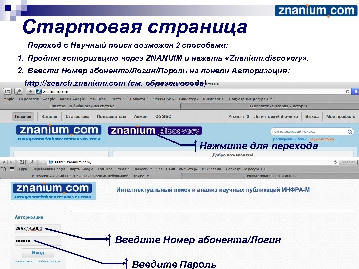 Стартовая страница Переход в Научный поиск возможен 2 способами: 1. Пройти авторизацию через ZNANUIM