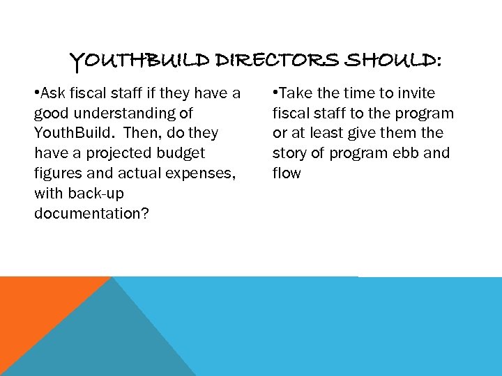 YOUTHBUILD DIRECTORS SHOULD: • Ask fiscal staff if they have a good understanding of