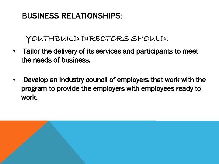 BUSINESS RELATIONSHIPS: YOUTHBUILD DIRECTORS SHOULD: • Tailor the delivery of its services and participants