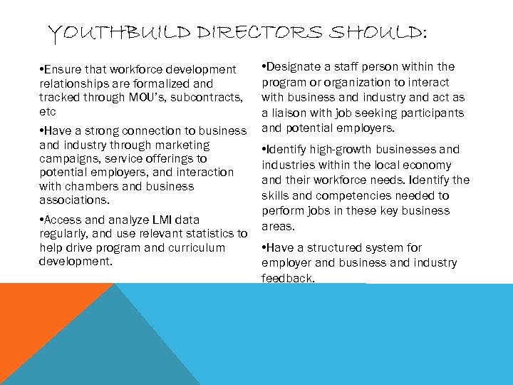 YOUTHBUILD DIRECTORS SHOULD: • Ensure that workforce development relationships are formalized and tracked through