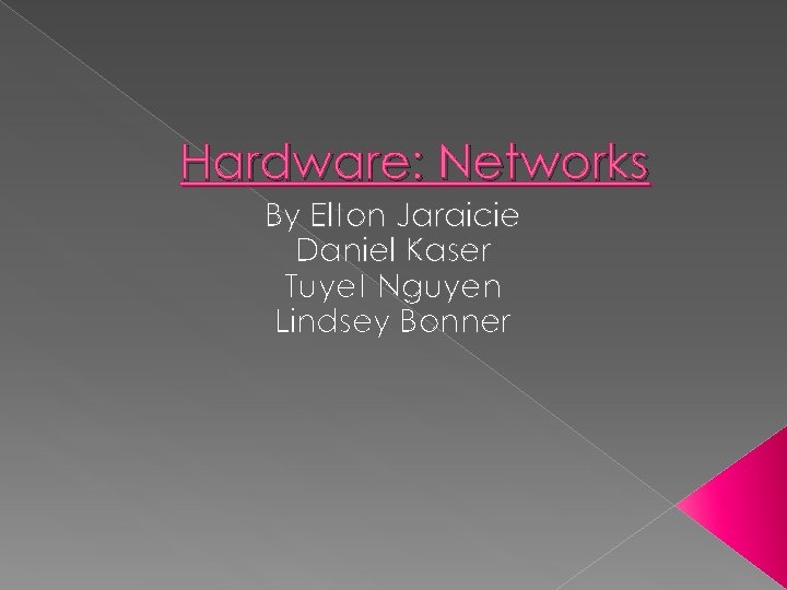 Hardware: Networks By Elton Jaraicie Daniel Kaser Tuyet Nguyen Lindsey Bonner 