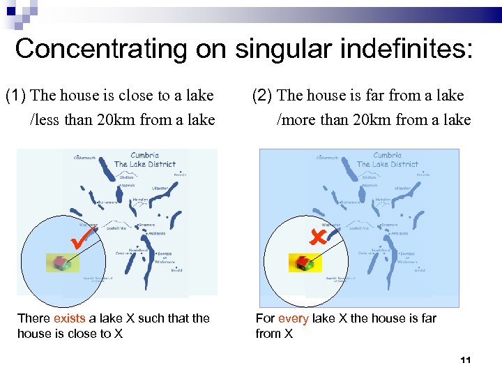 Concentrating on singular indefinites: (1) The house is close to a lake /less than