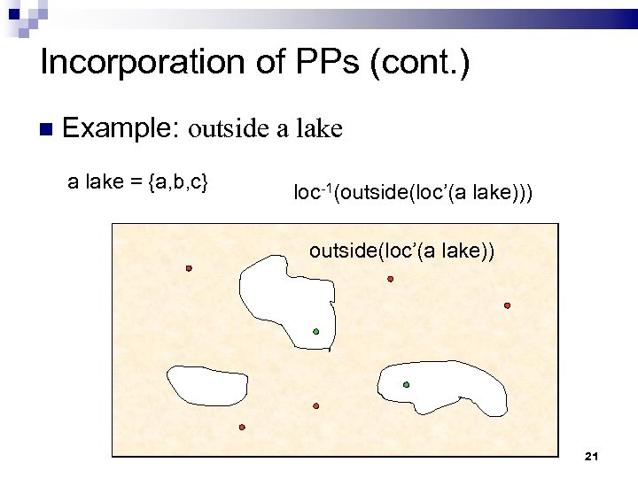 Incorporation of PPs (cont. ) Example: outside a lake = {a, b, c} loc-1(outside(loc’(a