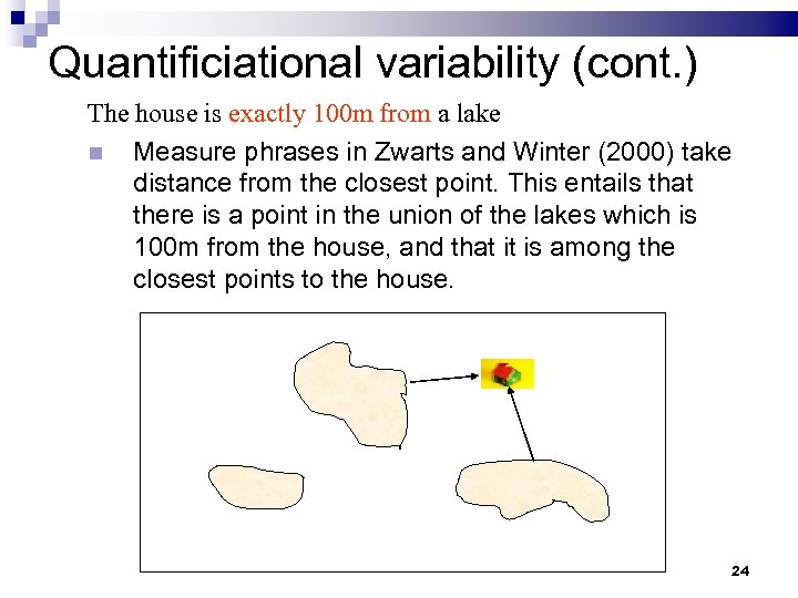 Quantificiational variability (cont. ) The house is exactly 100 m from a lake Measure