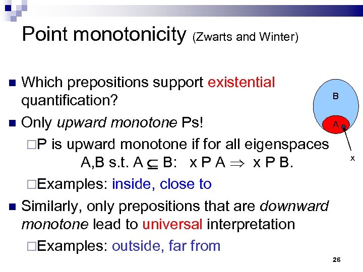 Point monotonicity (Zwarts and Winter) Which prepositions support existential B quantification? Only upward monotone