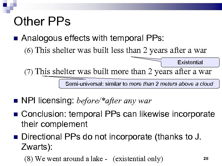 Other PPs Analogous effects with temporal PPs: (6) This shelter was built less than