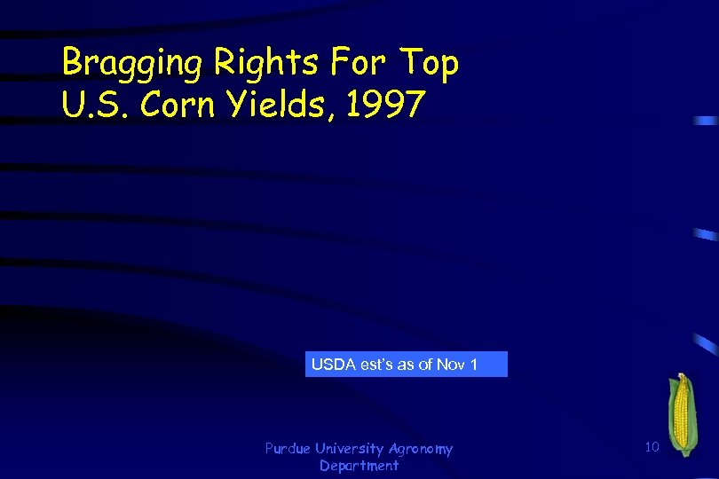 Bragging Rights For Top U. S. Corn Yields, 1997 USDA est’s as of Nov