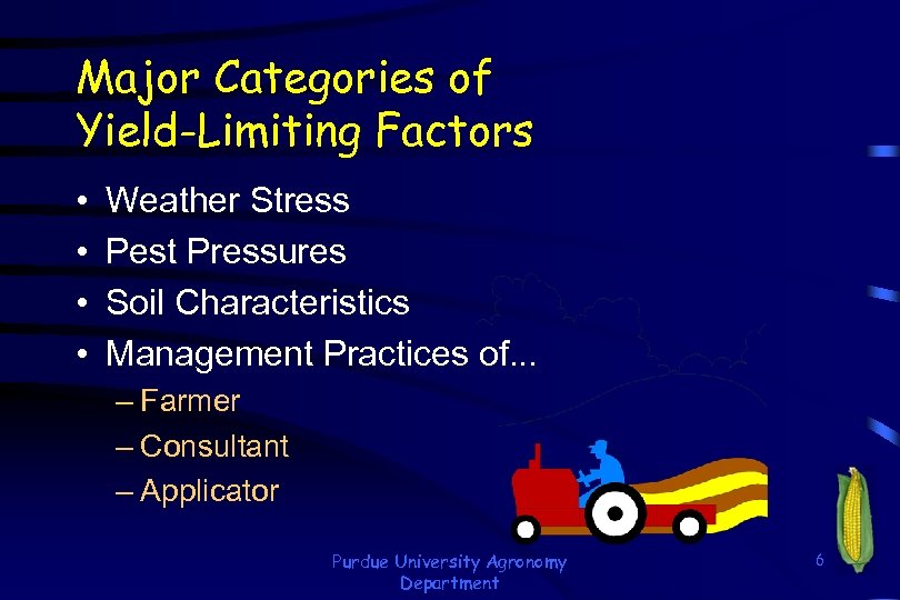 Major Categories of Yield-Limiting Factors • • Weather Stress Pest Pressures Soil Characteristics Management