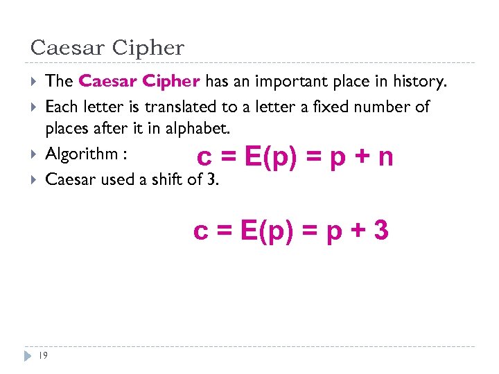 Caesar Cipher The Caesar Cipher has an important place in history. Each letter is