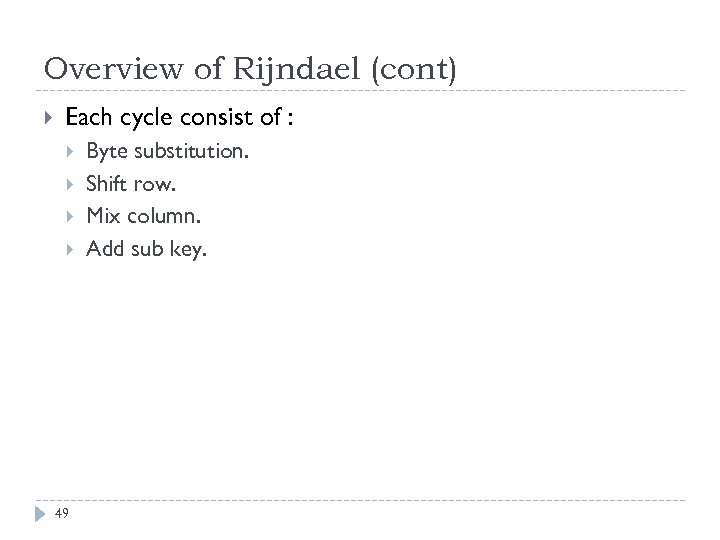 Overview of Rijndael (cont) Each cycle consist of : 49 Byte substitution. Shift row.