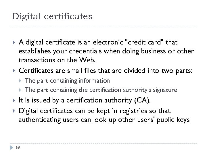 Digital certificates A digital certificate is an electronic "credit card" that establishes your credentials