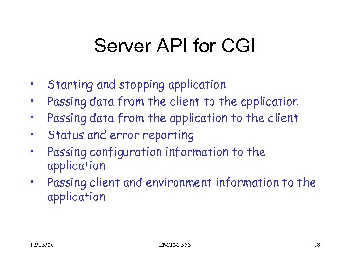 Server API for CGI • • • Starting and stopping application Passing data from