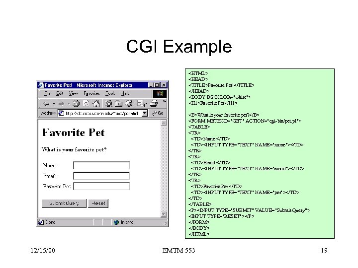 CGI Example <HTML> <HEAD> <TITLE>Favorite Pet!</TITLE> </HEAD> <BODY BGCOLOR="white"> <H 1>Favorite Pet</H 1> <B>What