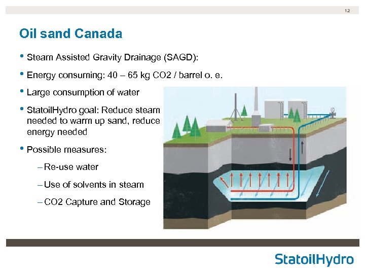 12 Oil sand Canada • Steam Assisted Gravity Drainage (SAGD): • Energy consuming: 40
