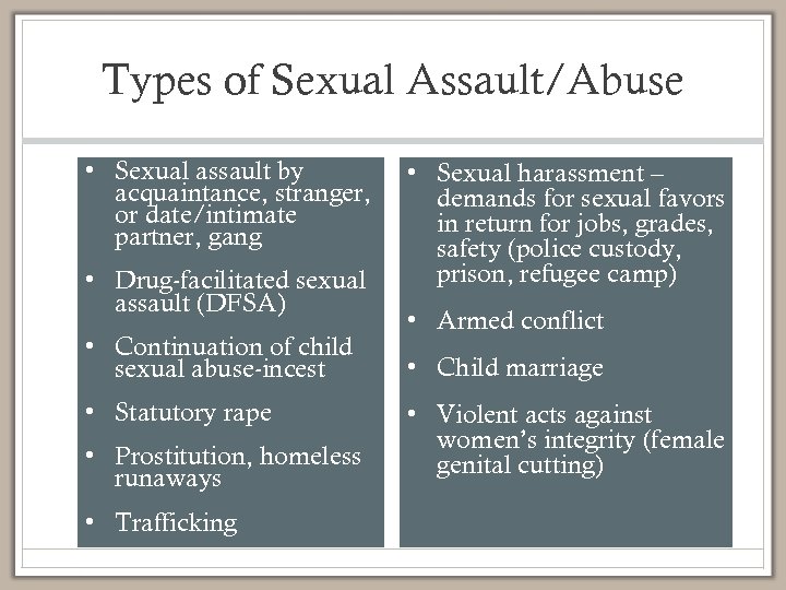 Types of Sexual Assault/Abuse • Sexual assault by acquaintance, stranger, or date/intimate partner, gang