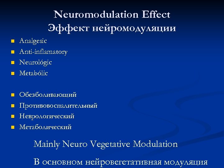 Neuromodulation Effect Эффект нейромодуляции n n n n Analgesic Anti-inflamatory Neurológic Metabólic Обезболивающий Противовоспалительный