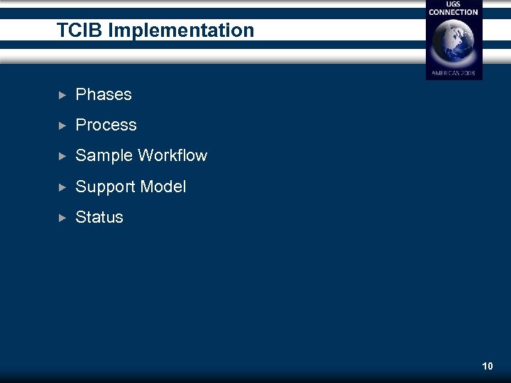 TCIB Implementation Phases Process Sample Workflow Support Model Status 10 