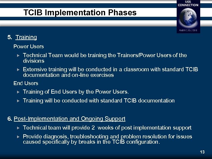 TCIB Implementation Phases 5. Training Power Users Technical Team would be training the Trainers/Power